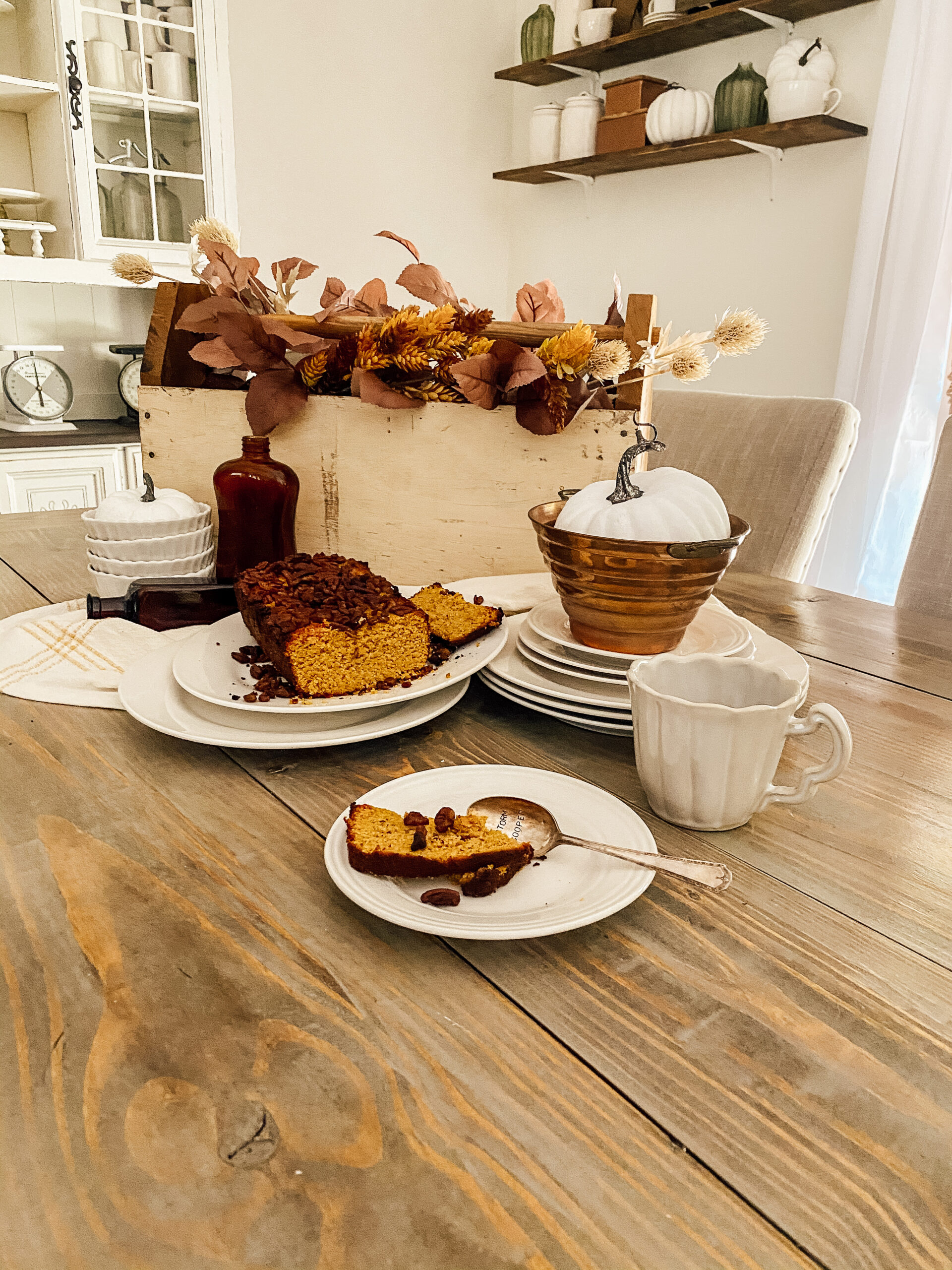pumpkin keto bread, fall decor, farmhouse table, fall tablescape, pumpkins, layered with candles and dishes